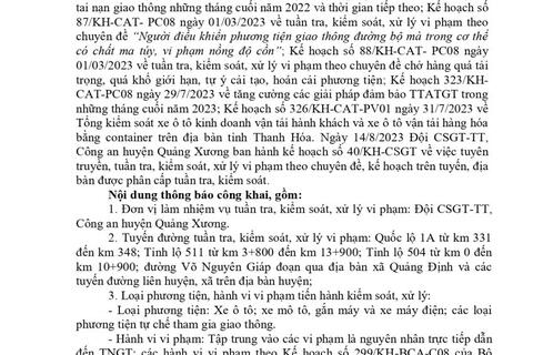 thông báo công khai nội dung kế hoạch 58win slot kiểm soát,  Xử lý 58win login trên tuyến, trên địa bàn huyện Quảng Xương. Từ ngày 14/8/2023 đến ngày 20/8/2023.