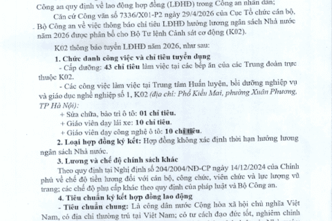 Thông báo về việc tuyển lao động hợp đồng tại Bộ Tư lệnh 58win2 cơ động