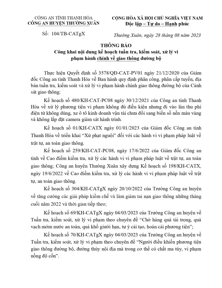Công khai nội dung kế hoạch 58win slot, kiểm soát,xử lý vi  phạm hành chính về giao thông đường bộ từ ngày 28/08/2023 đến ngày 03/09/2023.