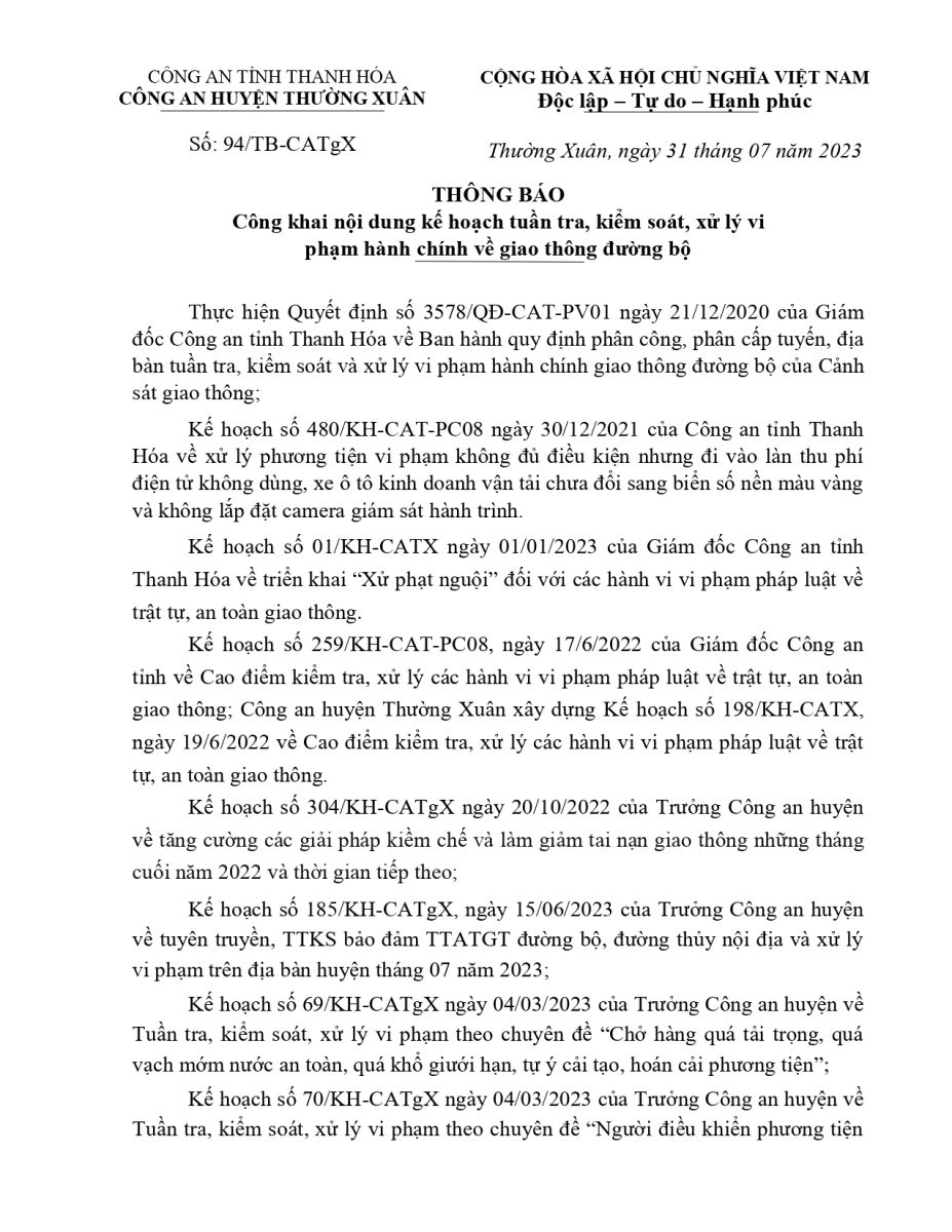 Công khai nội dung kế hoạch 58win slot, kiểm soát,xử lý vi  phạm hành chính về giao thông đường bộ từ ngày 31/07/2023 đến ngày 06/08/2023.
