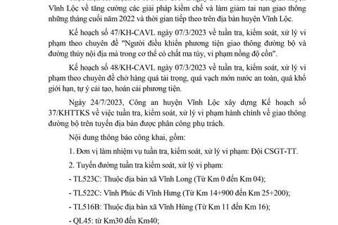 58win apk huyện Vĩnh Lộc thông báo Kế hoạch TTKS tuần 37 (từ 24/7/2023 đến 30/7/2023)