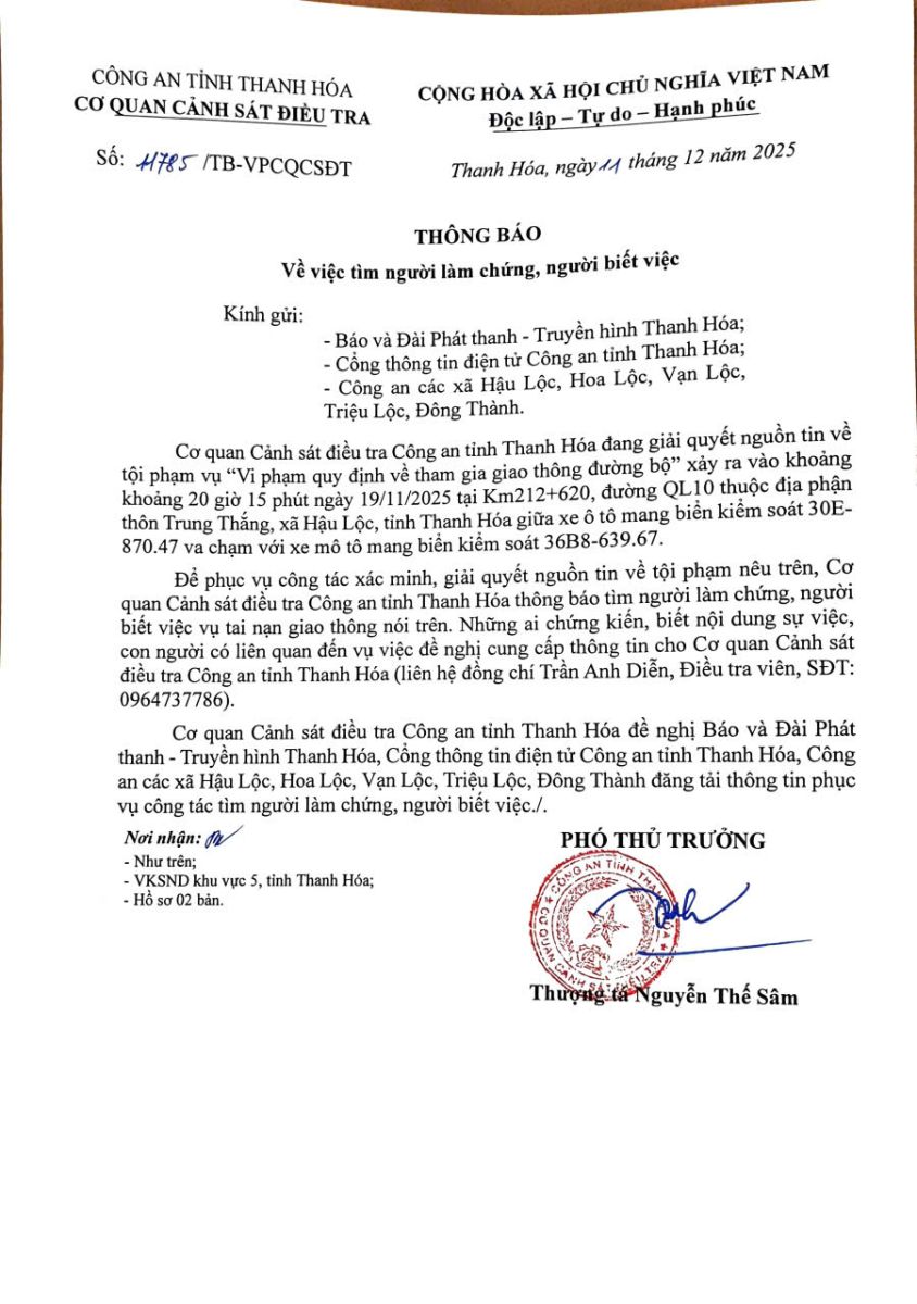 Thông báo tìm người làm chứng, người biết việc số 287/TB-VPCQCSĐT ngày 24/7/2025 của Văn phòng Cơ quan CSĐT(PC01) 58win apk tỉnh game 58win
