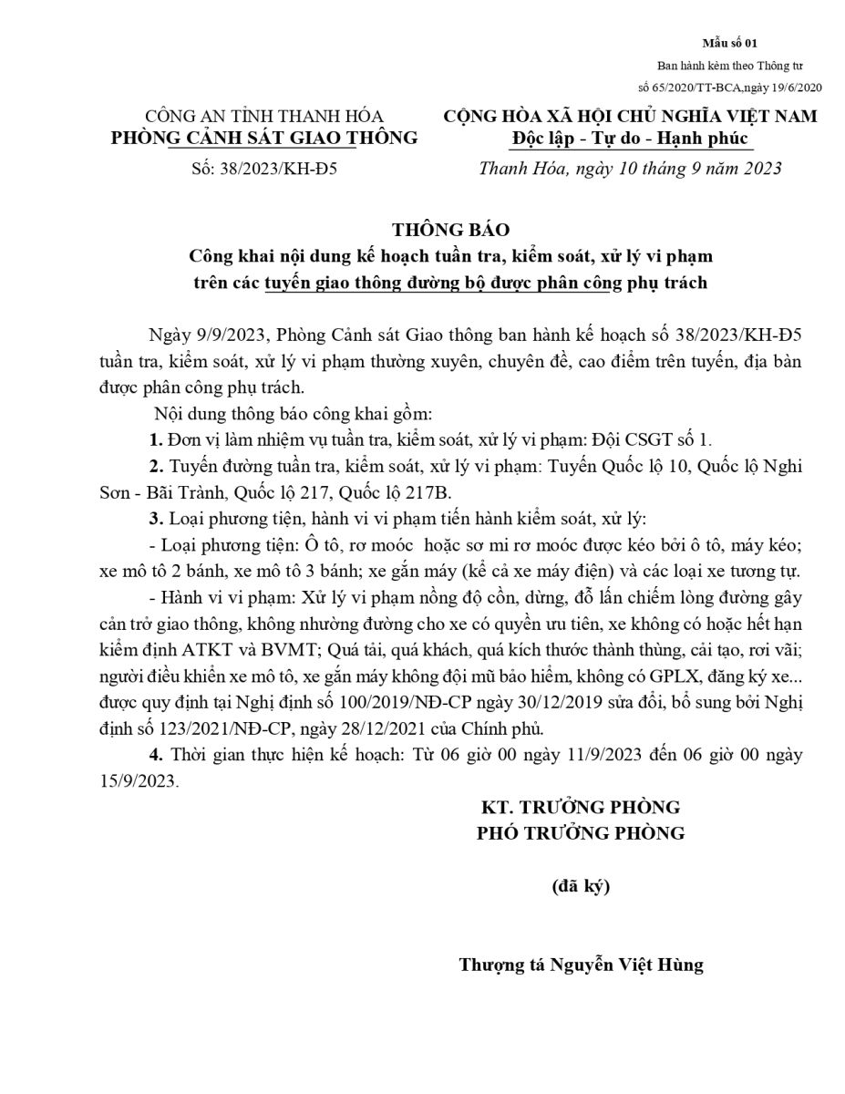 Thông báo công khai nội dung Kế hoạch Tuần tra kiểm soát trên tuyến của Đội CSGT số 1, Phòng PC08 (từ ngày 11/9/2023 đến ngày 15/9/2023)