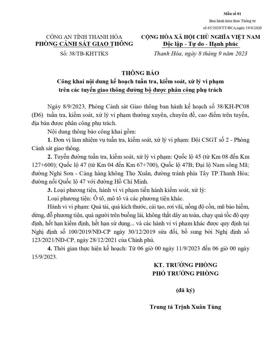 Thông báo công khai nội dung Kế hoạch Tuần tra kiểm soát trên tuyến của Đội CSGT số 2, Phòng PC08 (từ ngày 11/9/2023 đến ngày 15/9/2023)