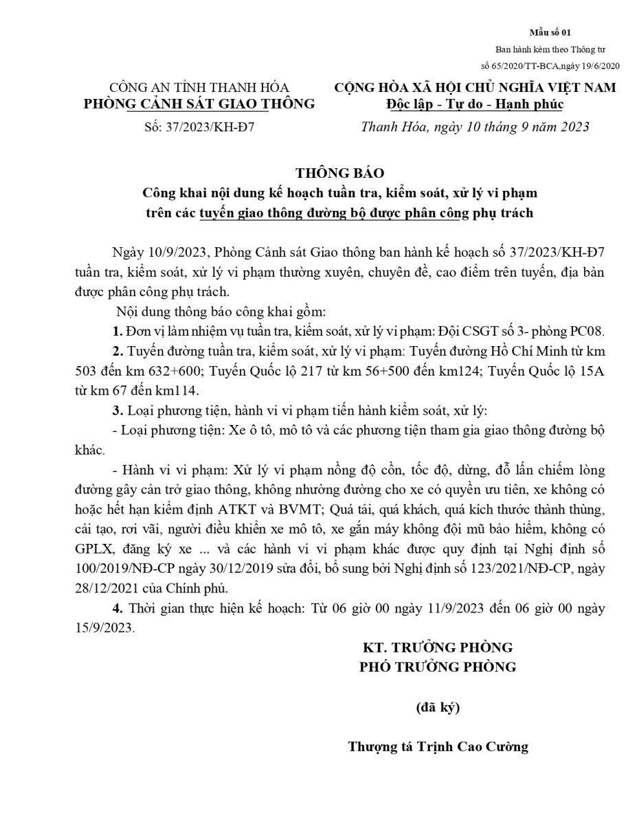 Thông báo công khai nội dung Kế hoạch Tuần tra kiểm soát trên tuyến của Đội CSGT số 3, Phòng PC08 (từ ngày 11/9/2023 đến ngày 15/9/2023)