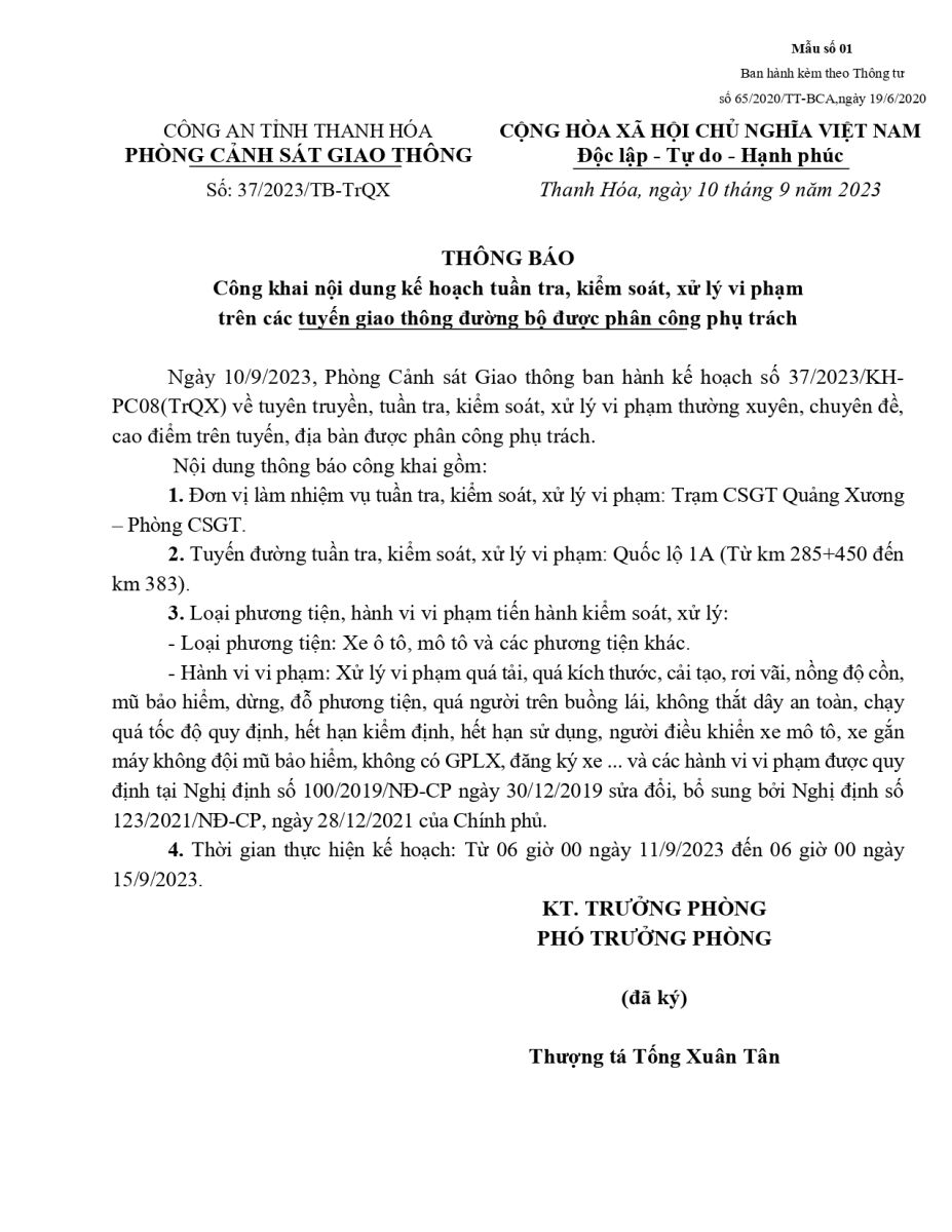 Thông báo công khai nội dung Kế hoạch Tuần tra kiểm soát trên tuyến của Trạm CSGT Quảng Xương, Phòng PC08 (từ ngày 11/9/2023 đến ngày 15/9/2023)